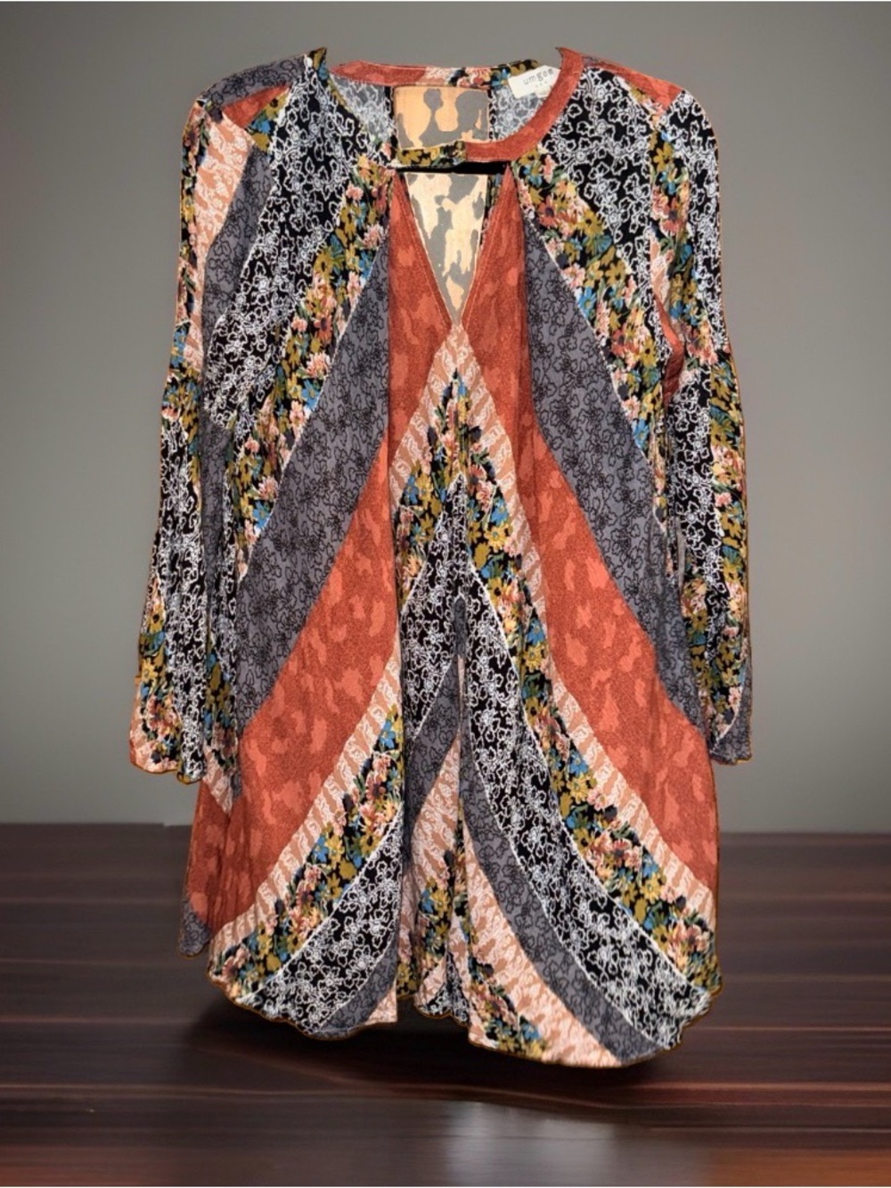 Umgee Boho Patchwork V-Neck Tunic/Mini Dress in Rust, Gray & Cream-S-EC